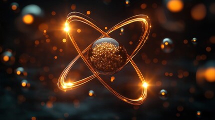 Dynamic 3D animation atom. Golden nucleus with spinning electrons. Particles revolve around nucleus. Energetic motion in space. Scientific image for physics. Modern tech concept. Illustrates atomic