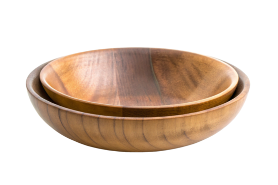 Empty wooden bowls of various shapes on bright studio background PNG