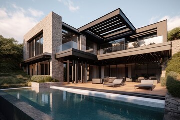 Fototapeta premium Modern Stone House With Infinity Pool And Deck