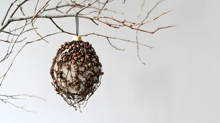 Unique Christmas ornament crafted from twigs, berries, and a cream-colored base. It hangs from a bare branch against a minimalist background, creating a rustic yet elegant winter scene.
