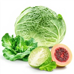 Fototapeta premium Fresh Cabbage with Whole Vegetable and Sliced Pieces on Light White Background – Realistic Photography of Natural Produce