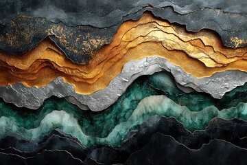 Naklejka premium Abstract layered design with gold, silver, and dark green, perfect for modern wall art.