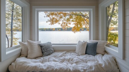 Cozy window seat overlooking autumn lake view