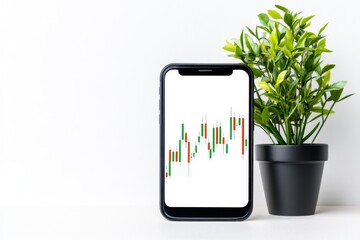 A flat illustration of a smartphone screen displaying a forex graph, with bold lines and vibrant currency symbols popping against a white background
