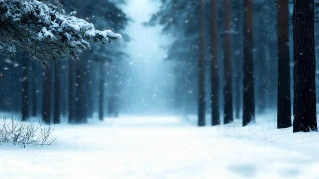 A serene winter forest is covered in fresh snow, while delicate snowflakes gently fall through tall trees. The quiet pathway invites exploration in the immersive natural beauty.