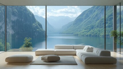 Modern Living Room Overlooking Stunning Mountain Lake View
