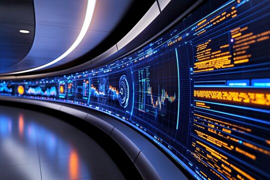 A futuristic forex trading platform with holographic displays of currency pairs, dynamic charts, and global news updates