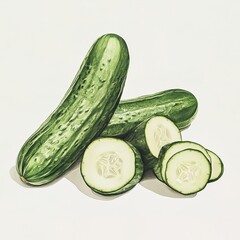 Fresh Cucumber with Whole and Sliced Pieces on Light White Background – Realistic Photography of Natural Produce