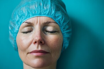 Close-up portrait of calm female surgeon wearing bouffant cap with closed eyes, turquoise background