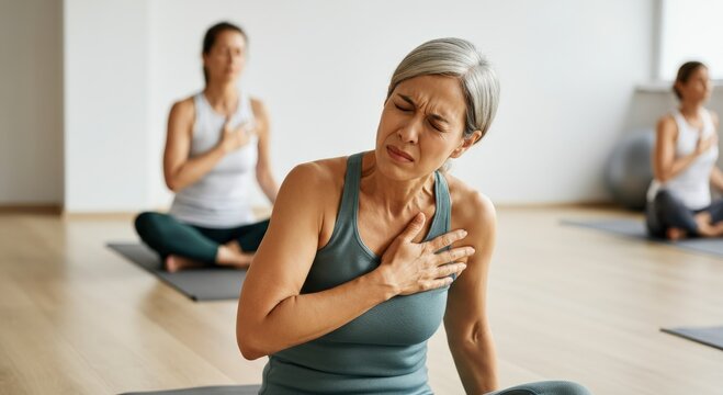 Mature asian woman experiencing discomfort during meditation class in modern yoga studio