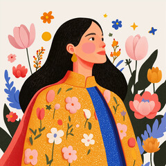 A minimalist flat design illustration of a strong woman symbolizing feminism and equality, with bold colors and modern elements.