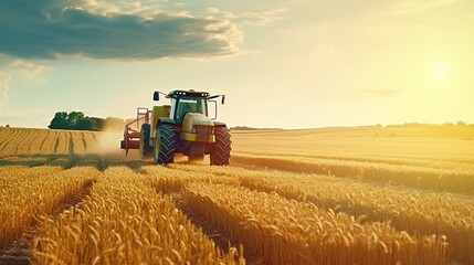 Fototapeta premium Tractor in a Golden Field at Sunset