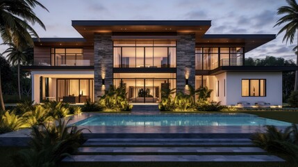 Fototapeta premium Modern Luxury Home With Pool And Tropical Landscaping
