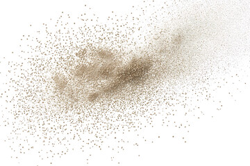 3D rendering of scattered sand granules or fine dirt on transparent background