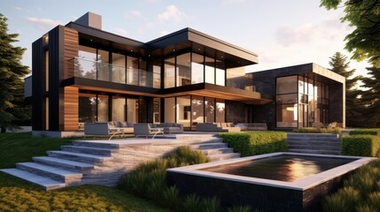 Fototapeta premium Modern Luxury Home With Pool And Landscaping
