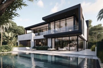 Fototapeta premium Modern Luxury Home With Infinity Pool And Lush Greenery