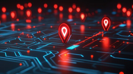 Glowing red pin on a dark background, symbol of location, navigation and guidance