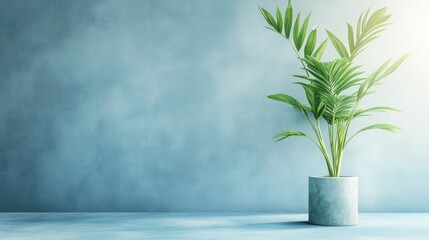 Green Plant in Concrete Pot Against Blue Wall