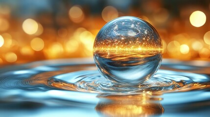 Clear glass sphere reflecting golden sunset cityscape on rippled water surface, ideal for technology, meditation, abstract art, or nature themes with warm bokeh background and serene mood