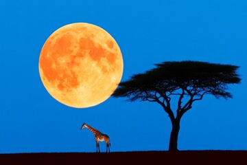A giraffe under a full moon, its silhouette creating a striking and mystical image