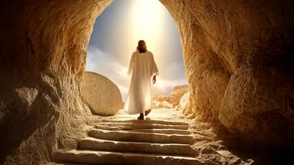 Jesus Christ emerges from his tomb, symbolizing hope and renewal through resurrection new life Easter holiday