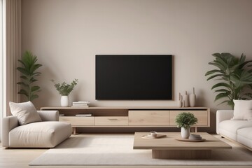 Minimal Beige Living Room Design With Beige Sectional Sofa And Wooden TV Console