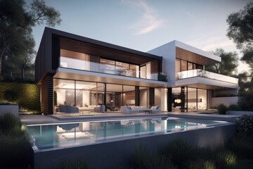 Fototapeta premium Modern Two Story Home With Infinity Pool And Landscaping