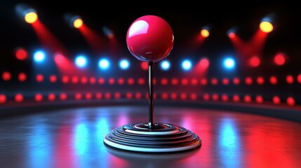 Red joystick with shiny ball top on black base, gaming console controller in colorful illuminated arcade room, entertainment technology equipment, competitive fun, futuristic mood lighting background
