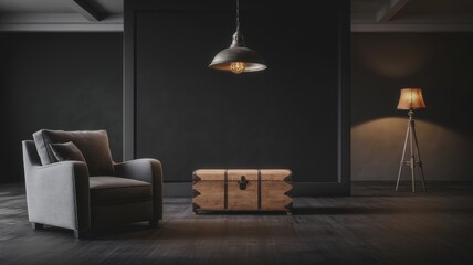 Modern luxurious interior of a dark living room. There is a grey armchair and a wooden chest of drawers. The room is decorated in a dark color scheme, with a black blank wall and a vintage lamp.