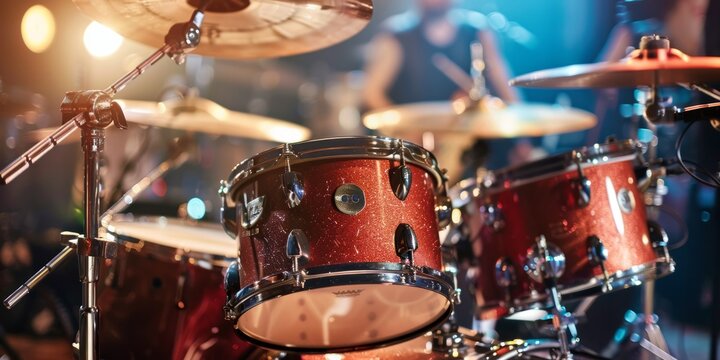 Vibrant red drum set illuminated by stage lights during a live rock band performance with a musician in the background