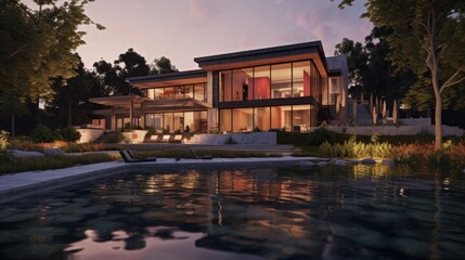 Obraz premium Modern Lakeside House Evening Twilight Reflection