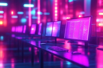 Modern open space office with computers. Neon purple light illuminates work areas. Corporate finance, marketing teams collaborate in futuristic setting. Blurred effect creates dynamic tech ambiance.