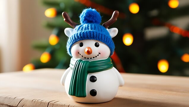 Cute decorative snowman on artificial snow