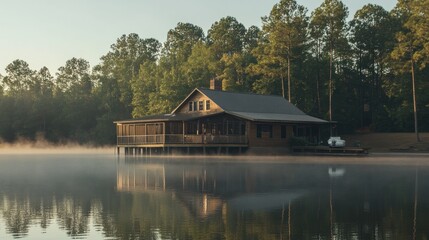 Obraz premium Wooden lake house nestled among tall trees at sunrise