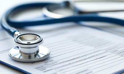 A stethoscope rests on a medical form, symbolizing healthcare and examination.