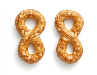 Two golden-brown baked pretzels in the shape of the number eight. A delicious treat!