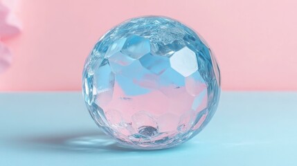 Clear faceted crystal ball with blue and pink reflections lying on smooth surface, perfect for wellness, meditation, or decorative themes with soft pastel background and calming mood