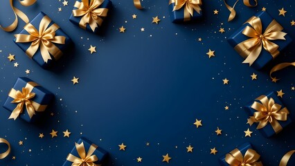 Fototapeta premium Illustration of blue gifts with golden bows and ribbons placed on blue background near stars.