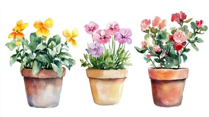 Colorful watercolor flowers growing in terracotta pots bring a touch of nature to any design