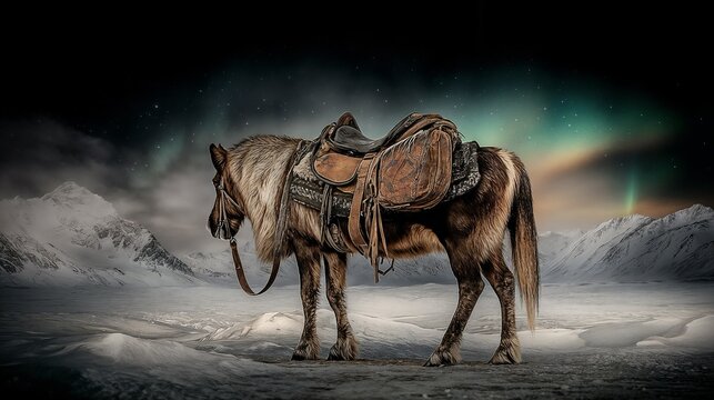 Evenki horse with wedding saddle standing in a snowy landscape under the northern lights
