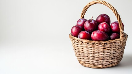 Harvesting of ripe pink plums collected in a basket on a white background,  agribusiness concepts, organic healthy food and fruit without GMOs with a copy of the space