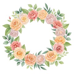 Elegant floral wreath with pastel roses and green leaves