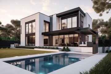 Fototapeta premium Modern Two Story Home With Pool And Landscaping