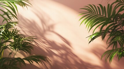 Palm Leaves Cast Shadows On A Peach Wall