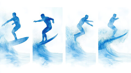 Surfer silhouette performing tricks on wave, showcasing dynamic movement and fluidity. blue tones create serene and energetic atmosphere, capturing essence of surfing