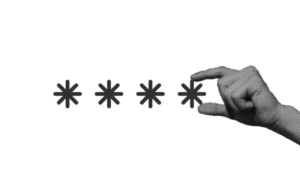 halftone collage, hand selecting an asterisk , password security and privacy. cybersecurity and protection, or password management concepts, security content