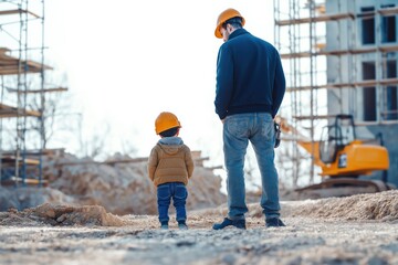 Father, son stand on construction site observing progress of building project. Father wears work uniform, safety helmet. Son wears casual attire, safety helmet. Construction equipment, scaffolding in