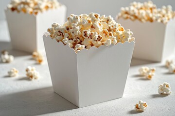 White paper box filled with popcorn on light background. Simple, minimalist design. Ideal for movie nights snack time. Suitable for branding, advertising campaigns related to food cinema. Product