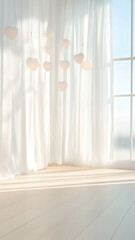 Soft white curtains with heart shaped garland lights create romantic atmosphere in bright room. gentle sunlight enhances serene ambiance, perfect for cozy moments