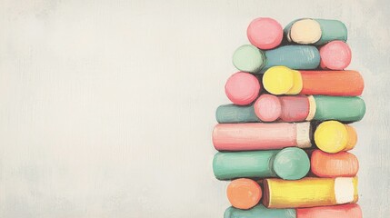 Obraz premium Stack of colorful cylindrical objects on light background.